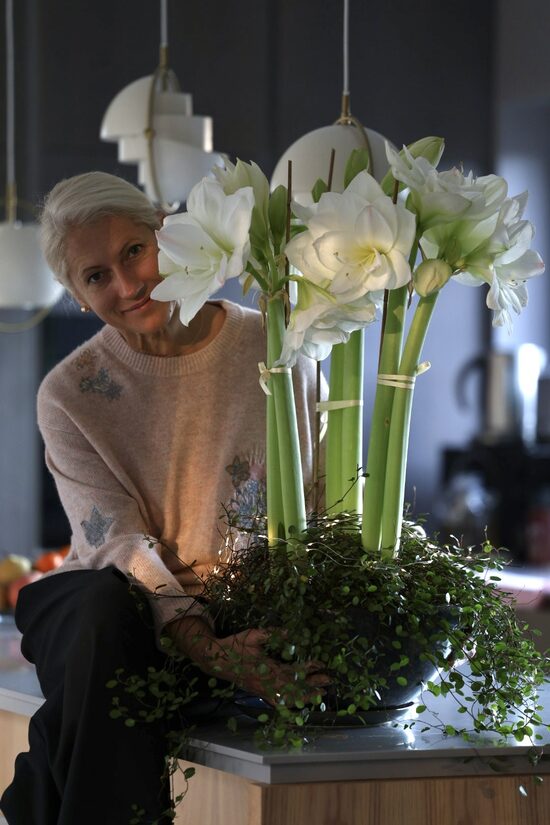 Ļoti liels baltu pildītu ziedu amariļļu un melnās Meet Joe Black bļodas komplekts iekštelpu kompozīcijai